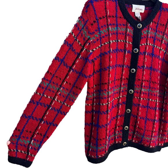 Worthington Vintage Old Money Red Plaid Button-Up Boucle Knit Cardigan Sweater M - Picture 7 of 12